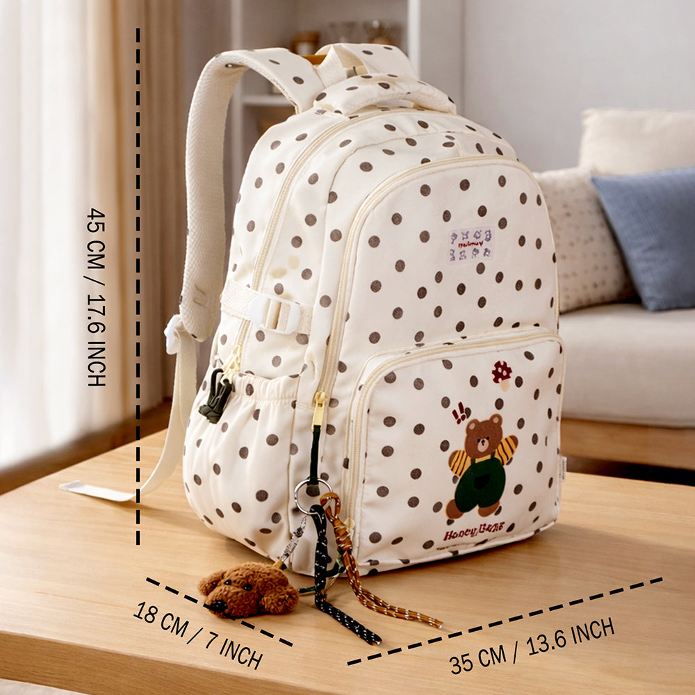 Cream Polka Dot Honey Bear Print School Backpack with Detachable Plush Dog Keychain for Kids