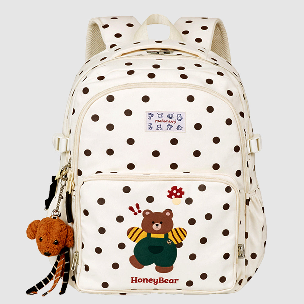 Cream Polka Dot Honey Bear Print School Backpack with Detachable Plush Dog Keychain for Kids
