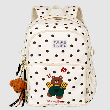Cream Polka Dot Honey Bear Print School Backpack with Detachable Plush Dog Keychain for Kids