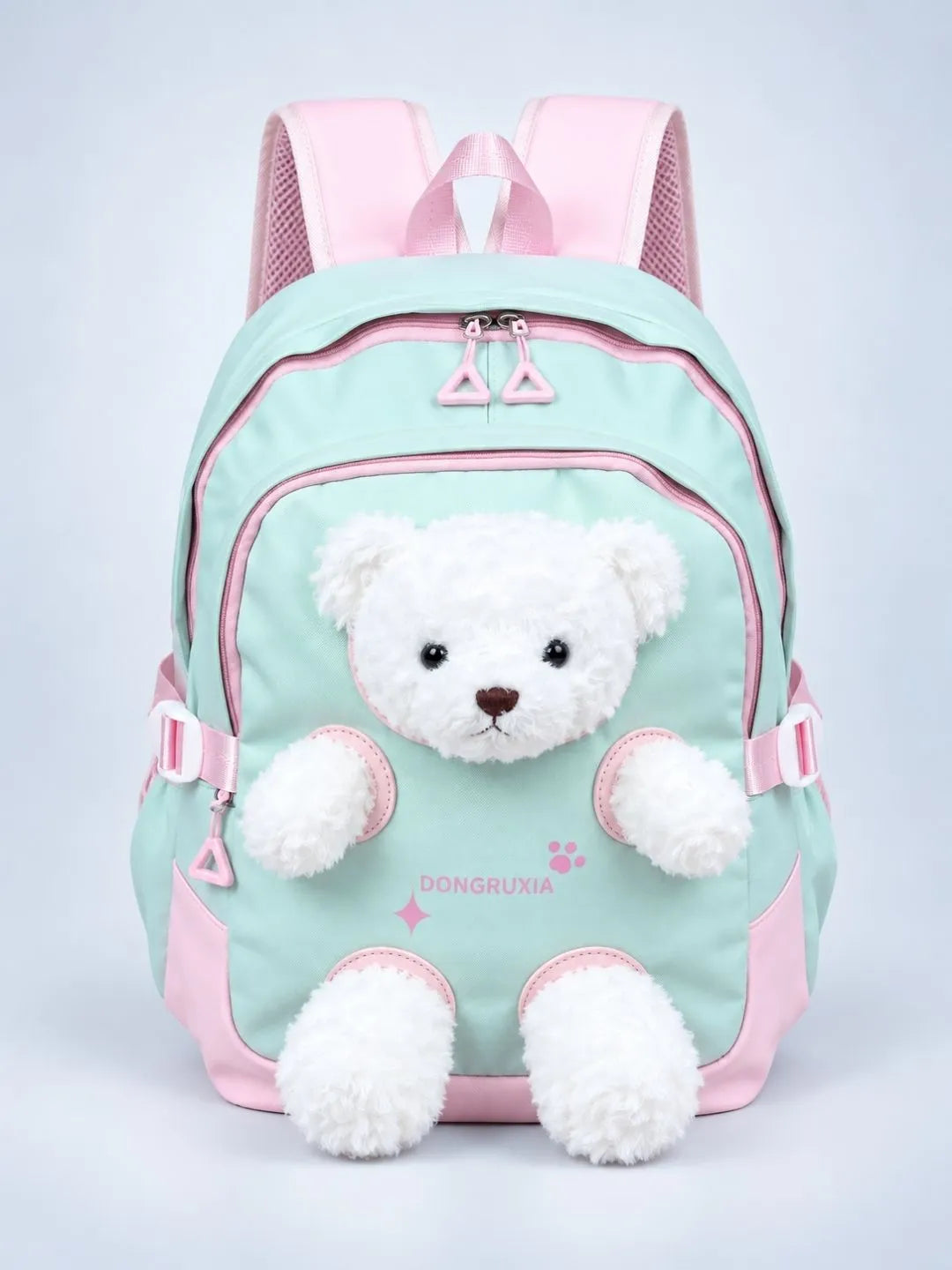 Green & White Teddy Tiny Toddlers Backpack with Removable Soft Toy for nursery and Playgroup
