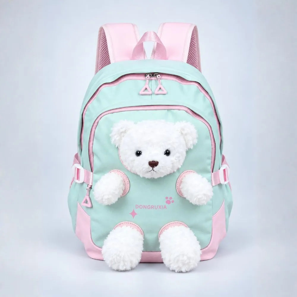 Green & White Teddy Tiny Toddlers Backpack with Removable Soft Toy for nursery and Playgroup