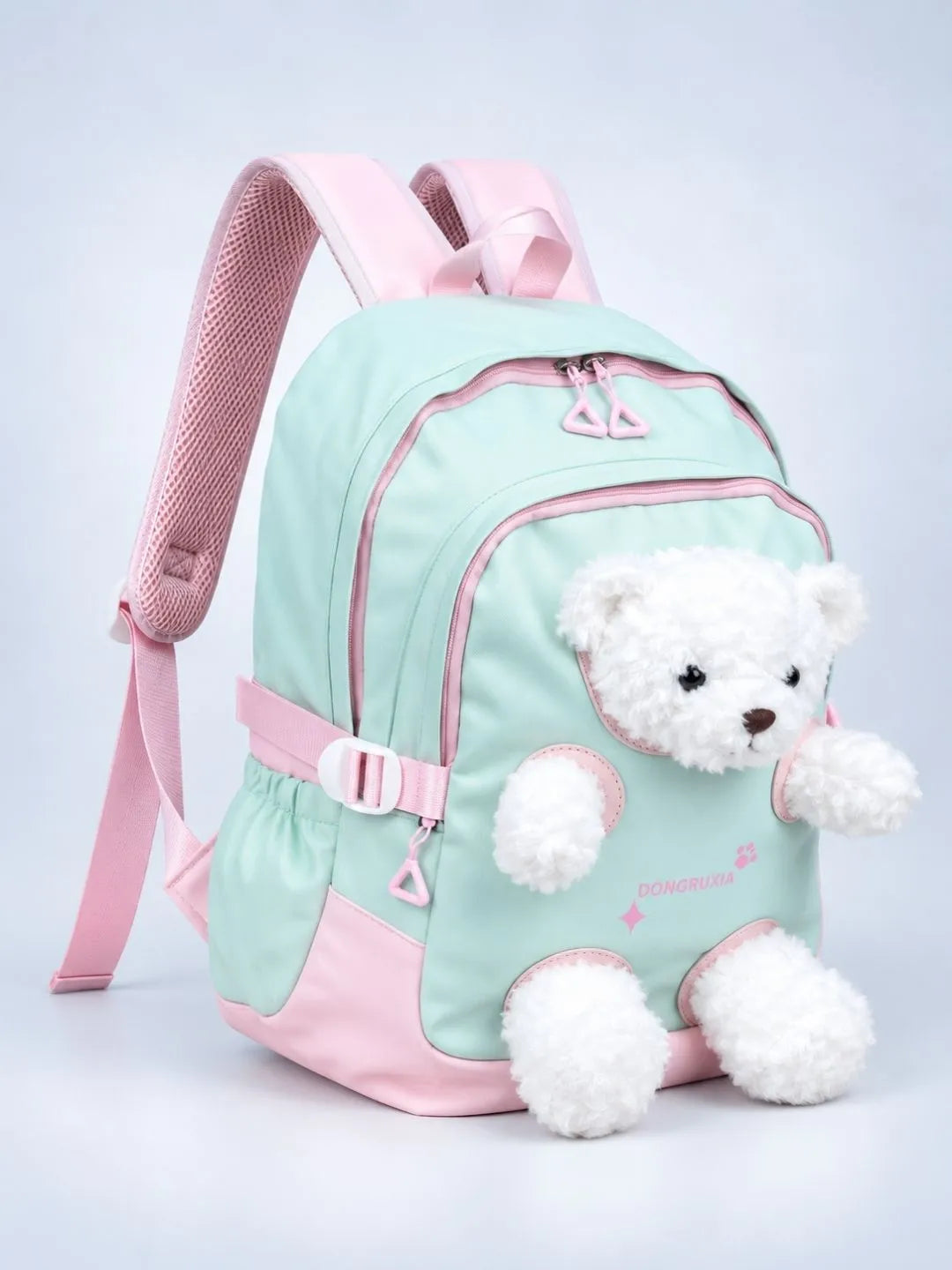 Green & White Teddy Tiny Toddlers Backpack with Removable Soft Toy for nursery and Playgroup