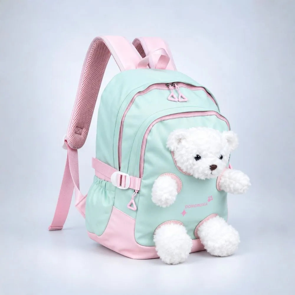 Green & White Teddy Tiny Toddlers Backpack with Removable Soft Toy for nursery and Playgroup