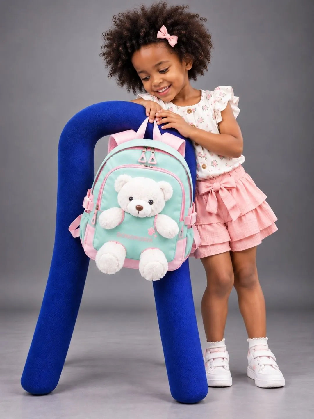 Green & White Teddy Tiny Toddlers Backpack with Removable Soft Toy for nursery and Playgroup