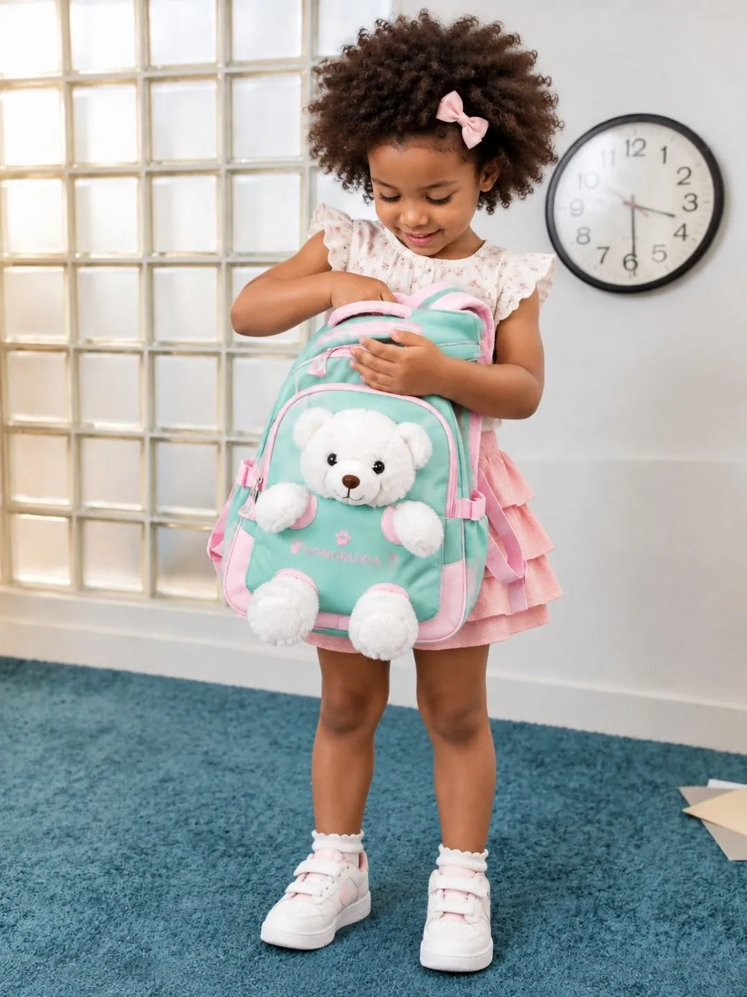 Green & White Teddy Tiny Toddlers Backpack with Removable Soft Toy for nursery and Playgroup