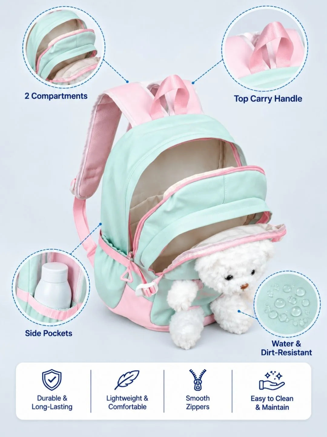 Green & White Teddy Tiny Toddlers Backpack with Removable Soft Toy for nursery and Playgroup