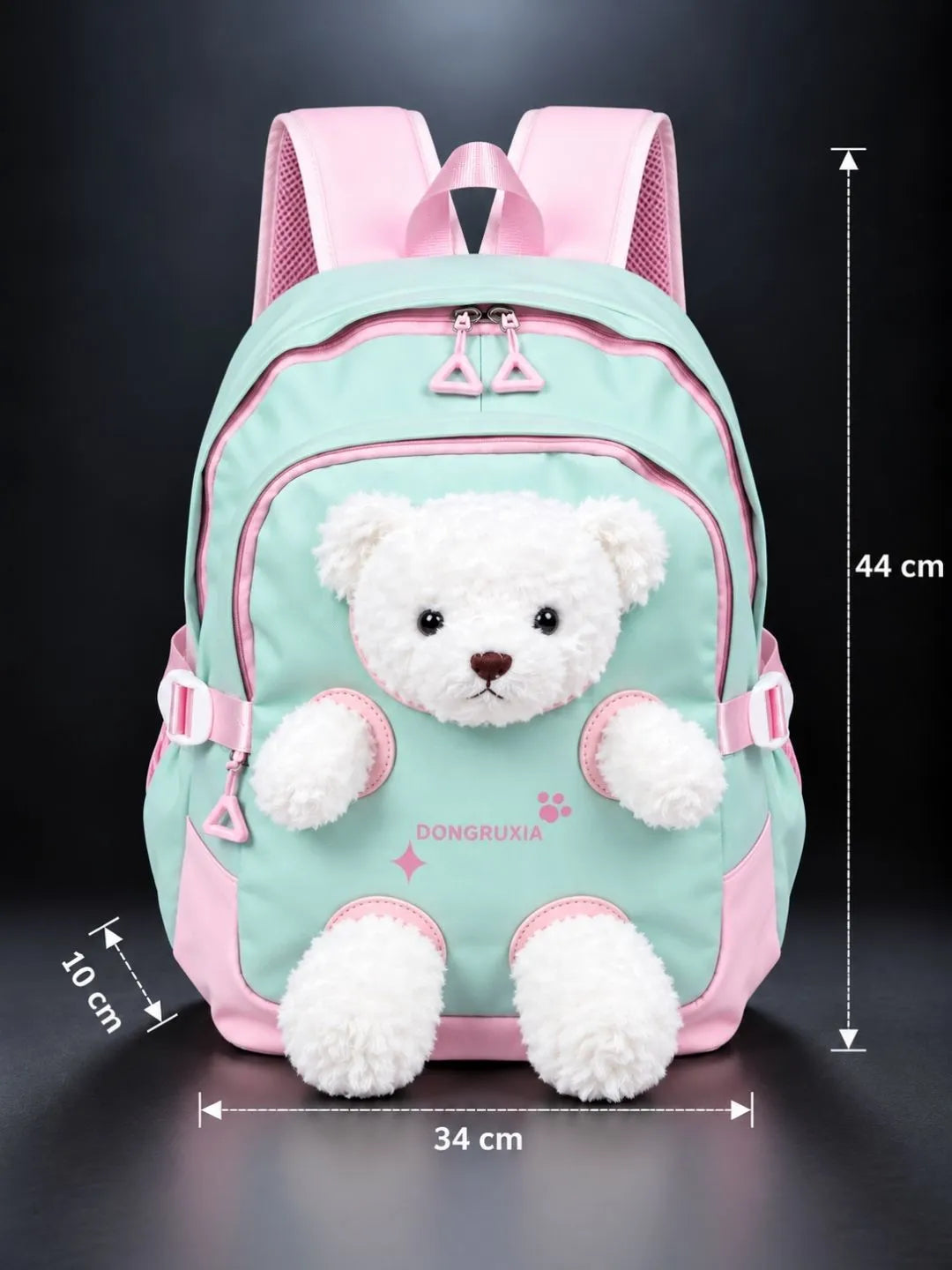 Green & White Teddy Tiny Toddlers Backpack with Removable Soft Toy for nursery and Playgroup