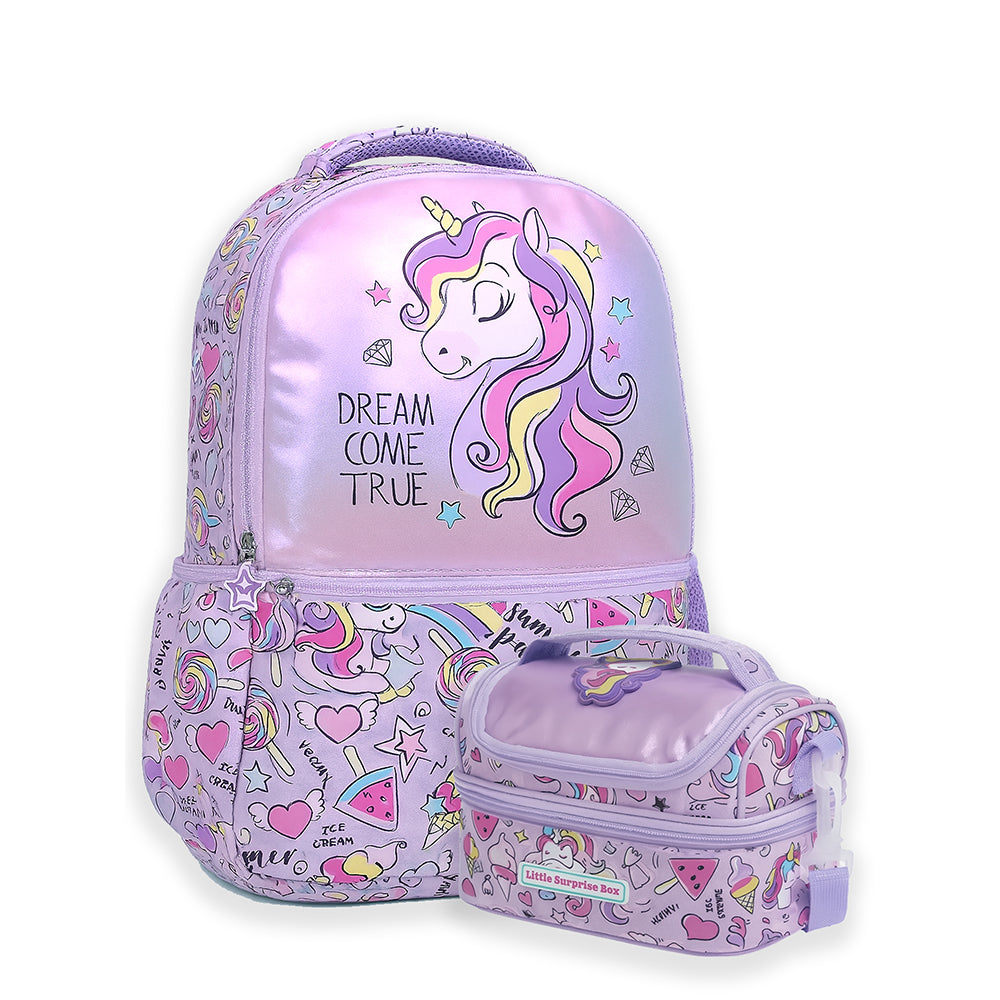 2pcs set of  Hologram Unicorn School Backpack & matching Lunchbag for Kids, 5yrs - 10yrs