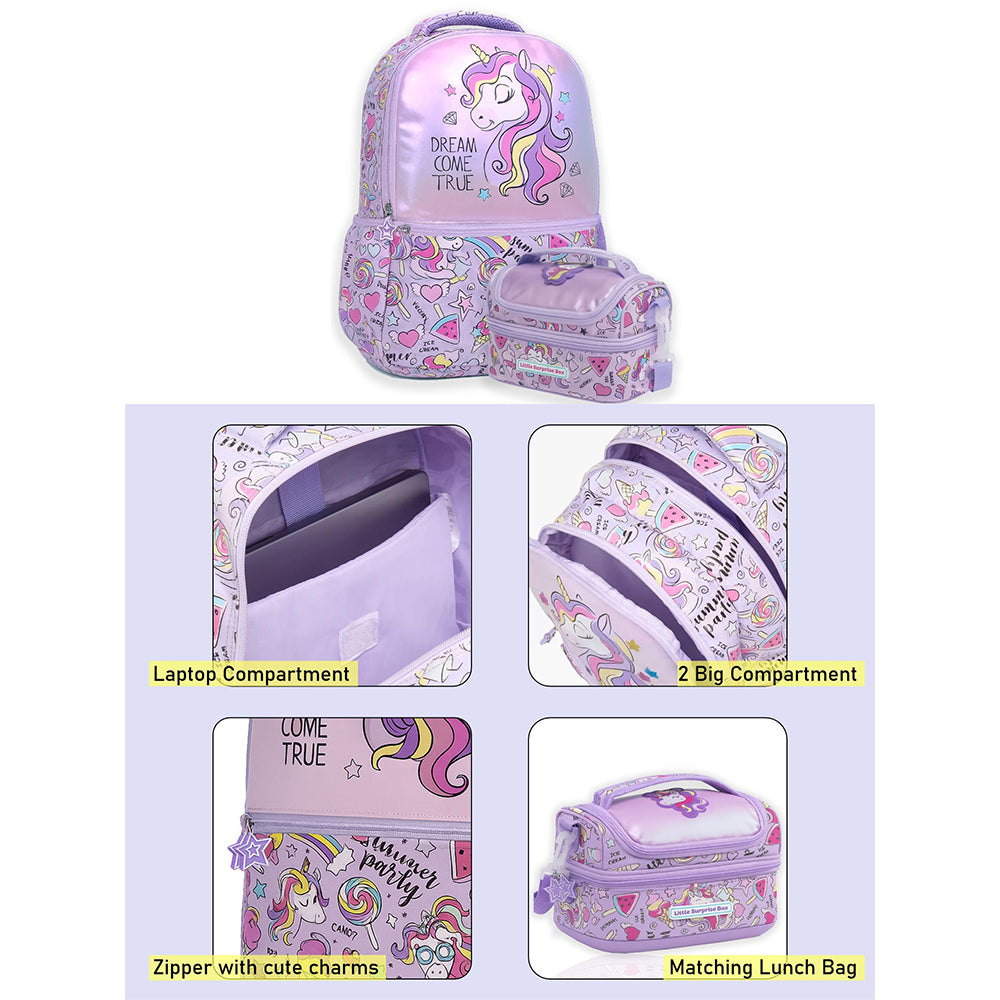 2pcs set of  Hologram Unicorn School Backpack & matching Lunchbag for Kids, 5yrs - 10yrs