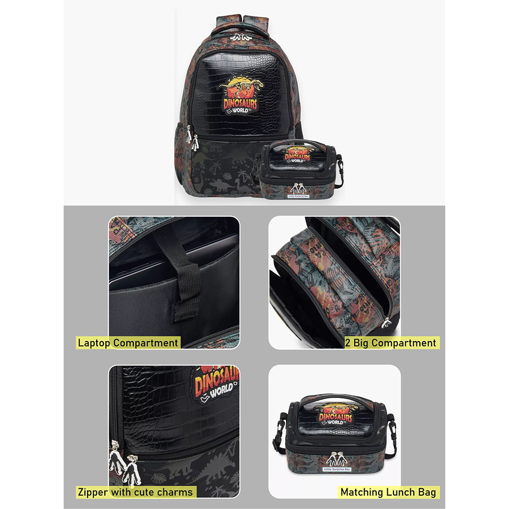 2pcs set of Jurasic Dino School Backpack & matching Lunchbag for Kids, 5yrs - 10yrs
