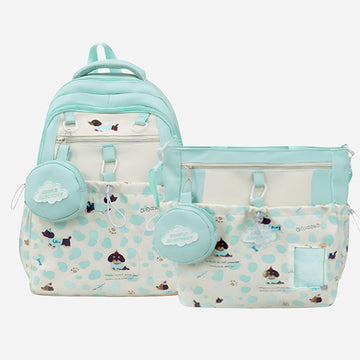 Mint Dog Print 2 Pcs Combo Set - Matching Backpack & Tote Bag with Detachable Pouch for Kids & Teens