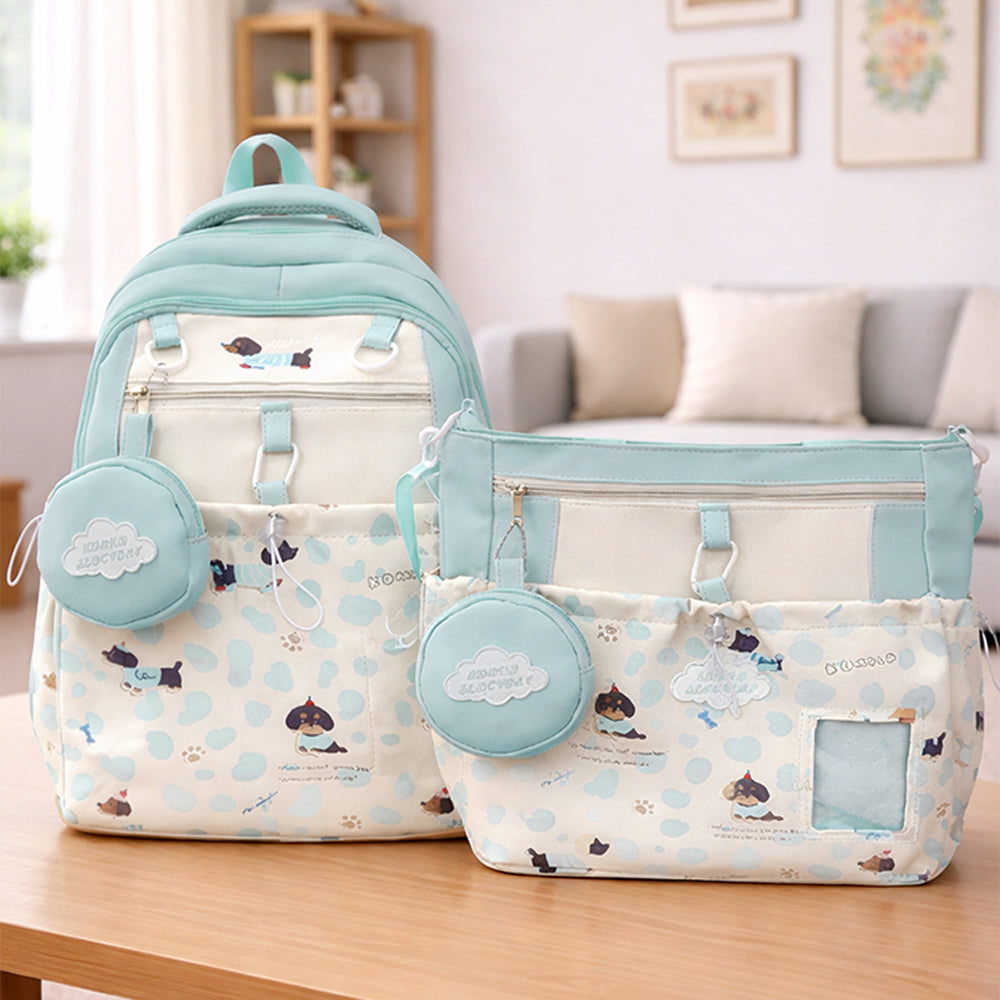 Mint Dog Print 2 Pcs Combo Set - Matching Backpack & Tote Bag with Detachable Pouch for Kids & Teens