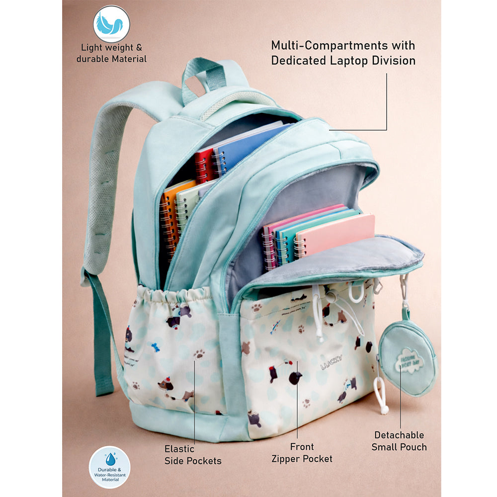Mint Dog Print 2 Pcs Combo Set - Matching Backpack & Tote Bag with Detachable Pouch for Kids & Teens