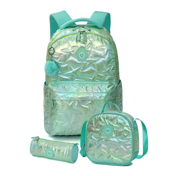 3pcs Shiny Mint Star Matching Backpack, Lunch Bag and Stationery Pouch, 8yrs to Adults
