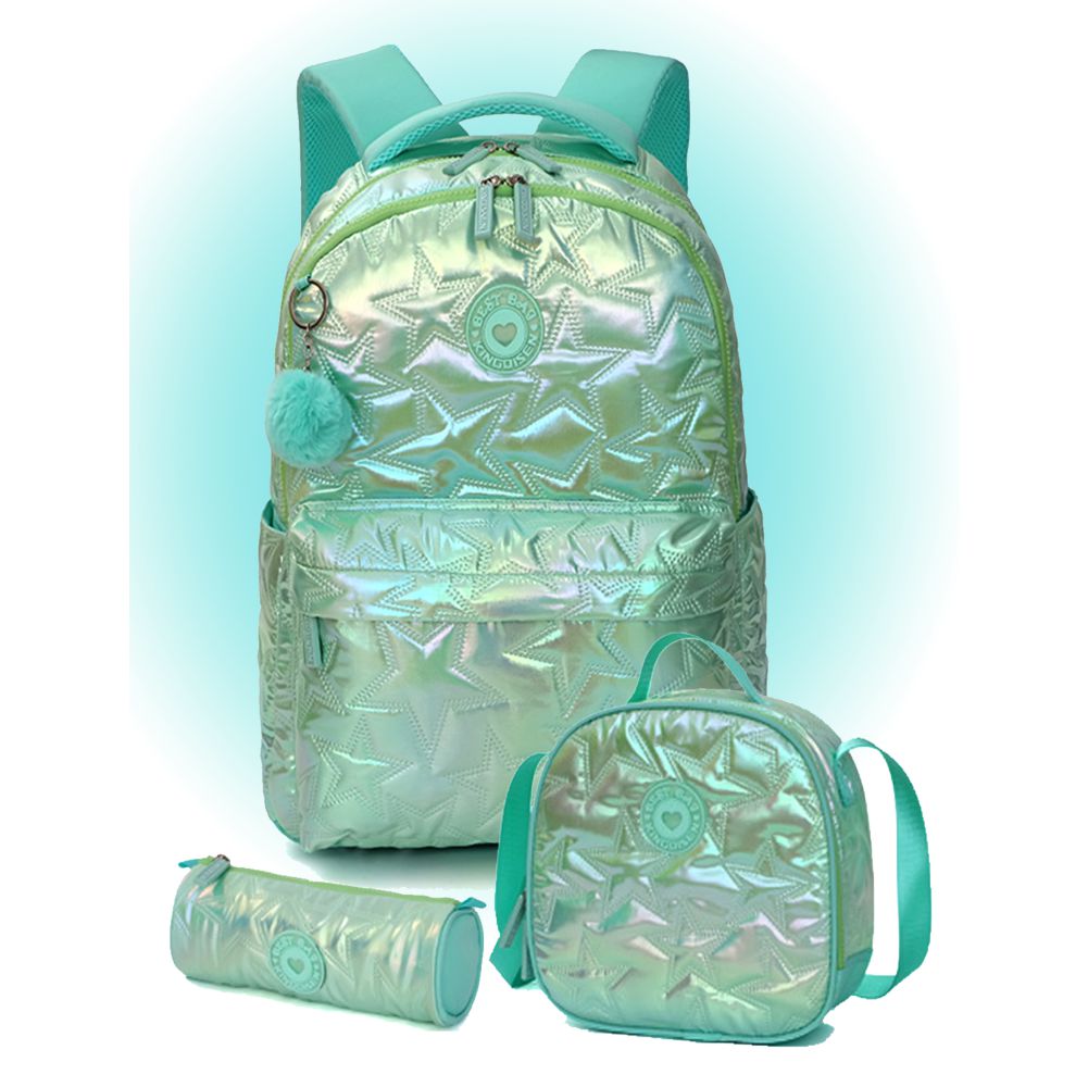 3pcs Shiny Mint Star Matching Backpack, Lunch Bag and Stationery Pouch, 8yrs to Adults