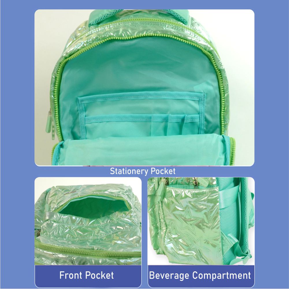 3pcs Shiny Mint Star Matching Backpack, Lunch Bag and Stationery Pouch, 8yrs to Adults