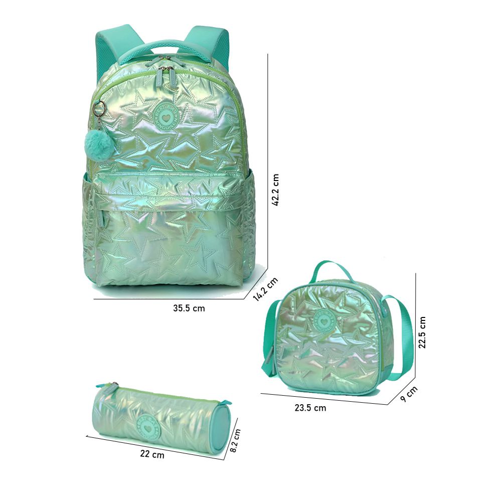 3pcs Shiny Mint Star Matching Backpack, Lunch Bag and Stationery Pouch, 8yrs to Adults