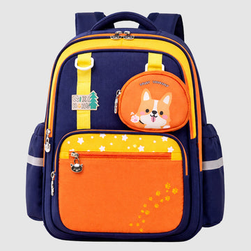 Navy Blue & Orange Fox School Backpack with Detachable Pouch for Kids