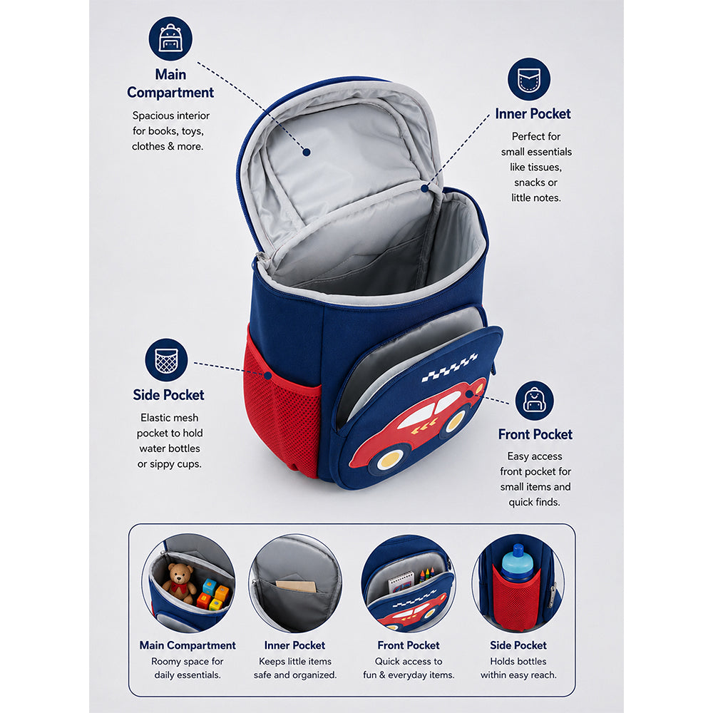 Navy & Red Car Soft Neoprene Backpack for Toddlers & Kids, 3yrs to 5yrs