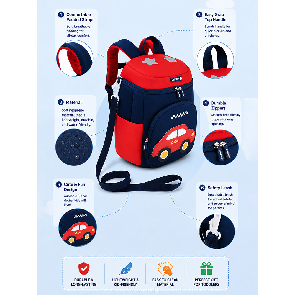 Navy & Red Car Soft Neoprene Backpack for Toddlers & Kids, 3yrs to 5yrs