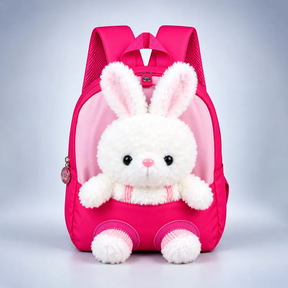 Fuschia Bunny Tiny Toddlers Backpack with Removable Soft Toy for nursery and Playgroup