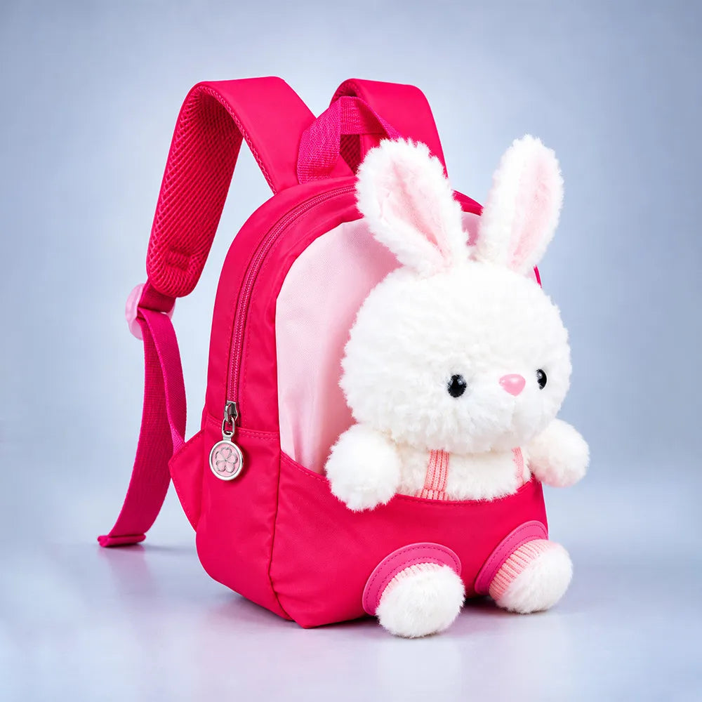 Fuschia Bunny Tiny Toddlers Backpack with Removable Soft Toy for nursery and Playgroup