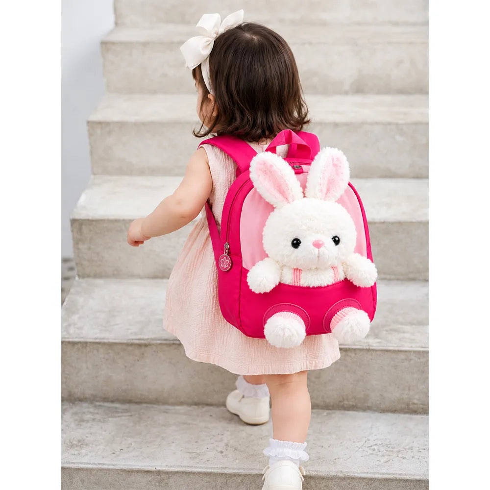 Fuschia Bunny Tiny Toddlers Backpack with Removable Soft Toy for nursery and Playgroup