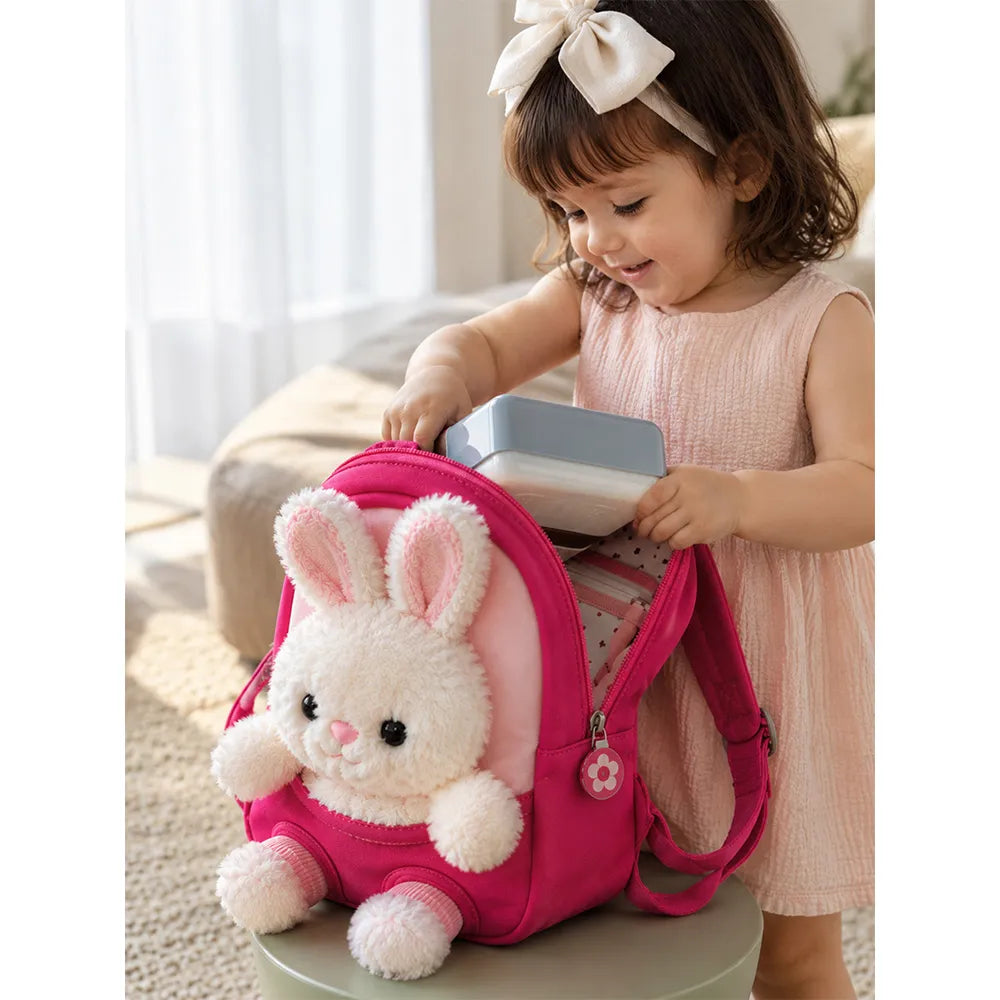 Fuschia Bunny Tiny Toddlers Backpack with Removable Soft Toy for nursery and Playgroup