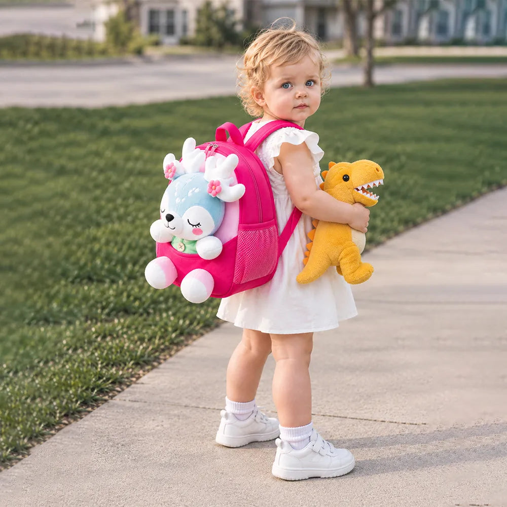 Fuschia Pink Reindeer Backpack with Removable Soft Toy for Toddlers