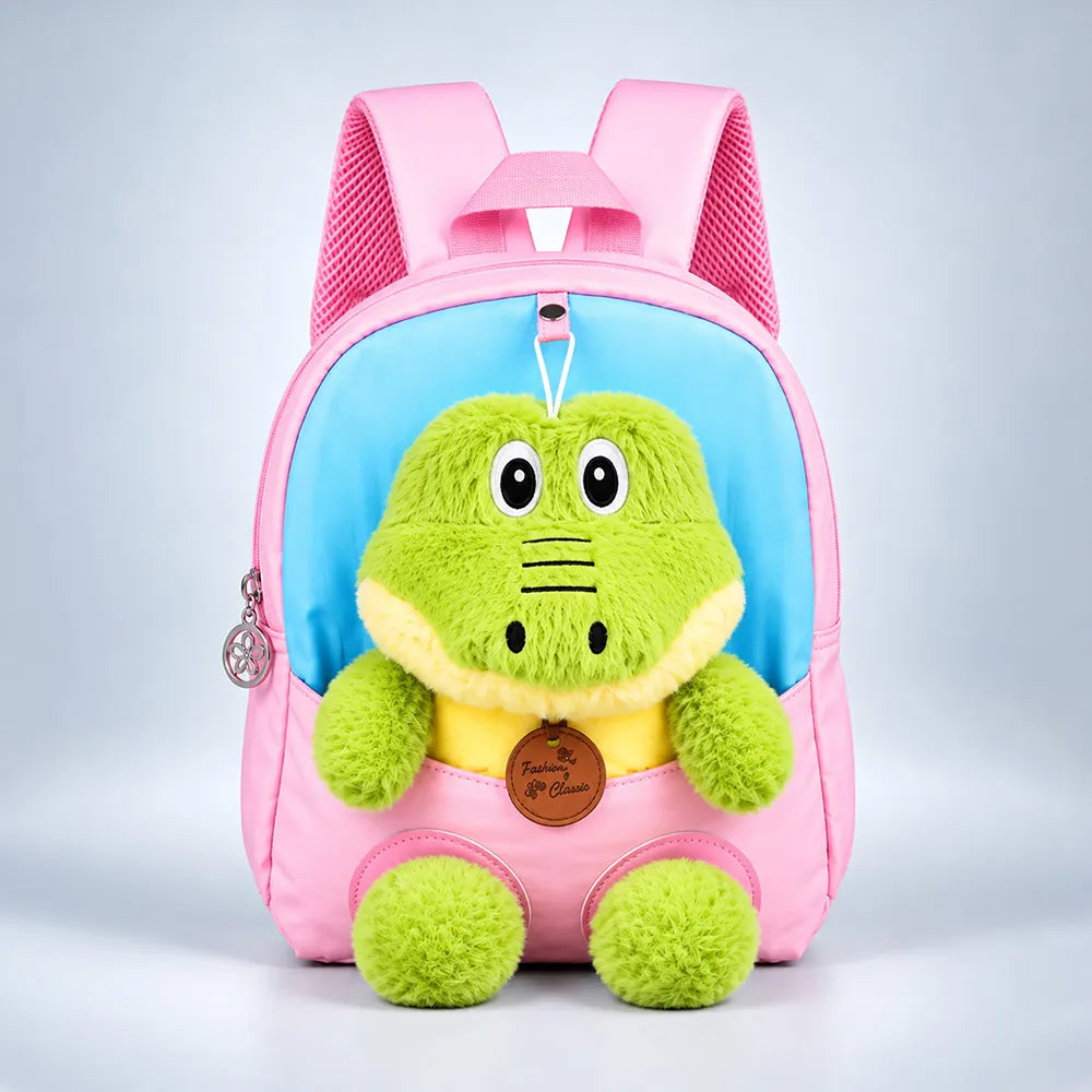 Pink & Blue Crocodile Tiny Toddlers Backpack with Removable Soft Toy for nursery and Playgroup