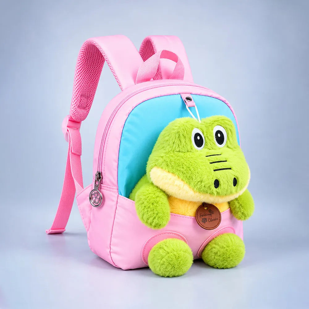 Pink & Blue Crocodile Tiny Toddlers Backpack with Removable Soft Toy for nursery and Playgroup