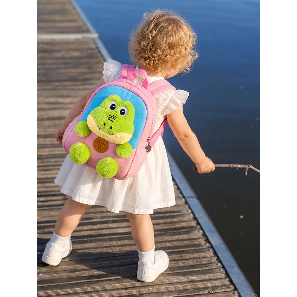 Pink & Blue Crocodile Tiny Toddlers Backpack with Removable Soft Toy for nursery and Playgroup