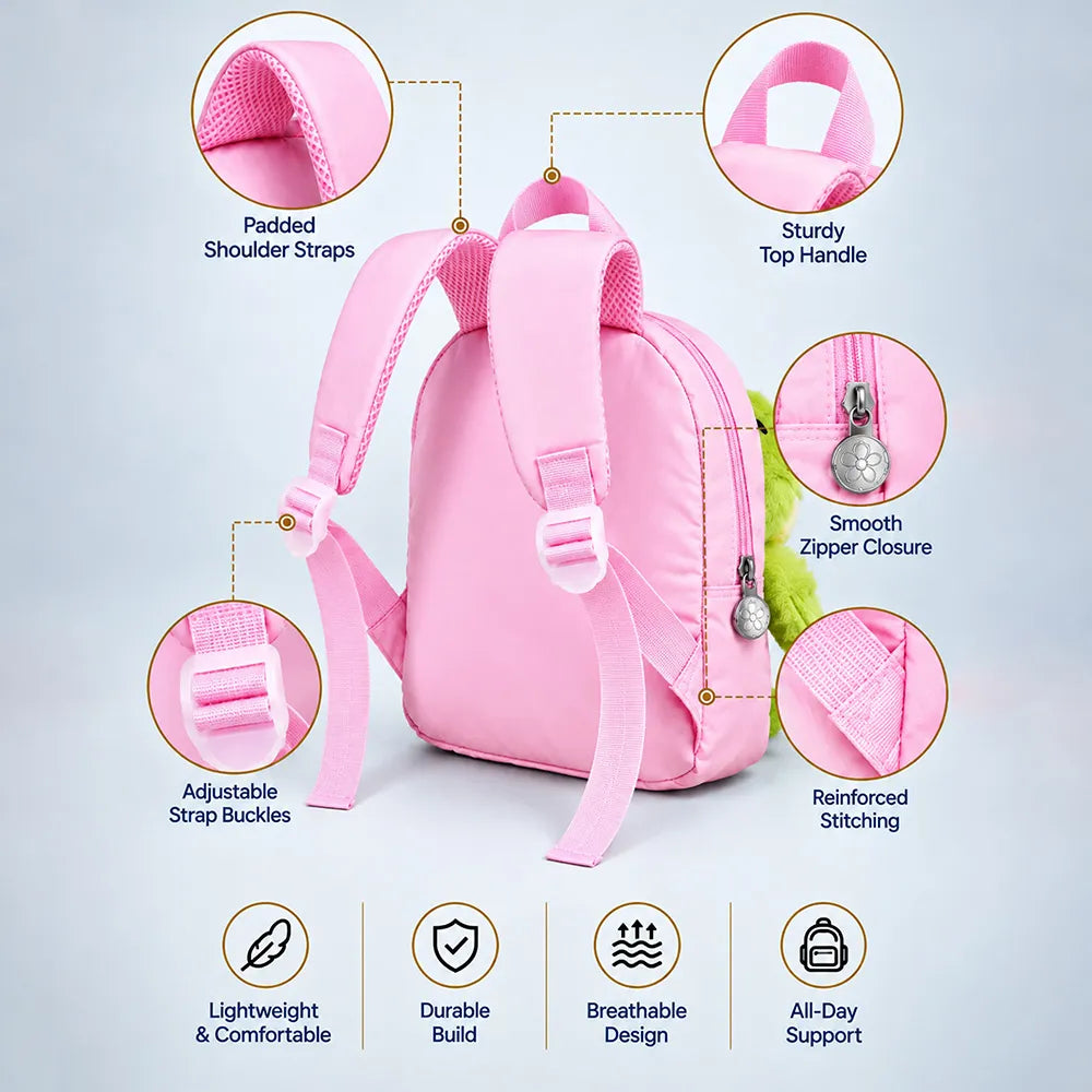 Pink & Blue Crocodile Tiny Toddlers Backpack with Removable Soft Toy for nursery and Playgroup