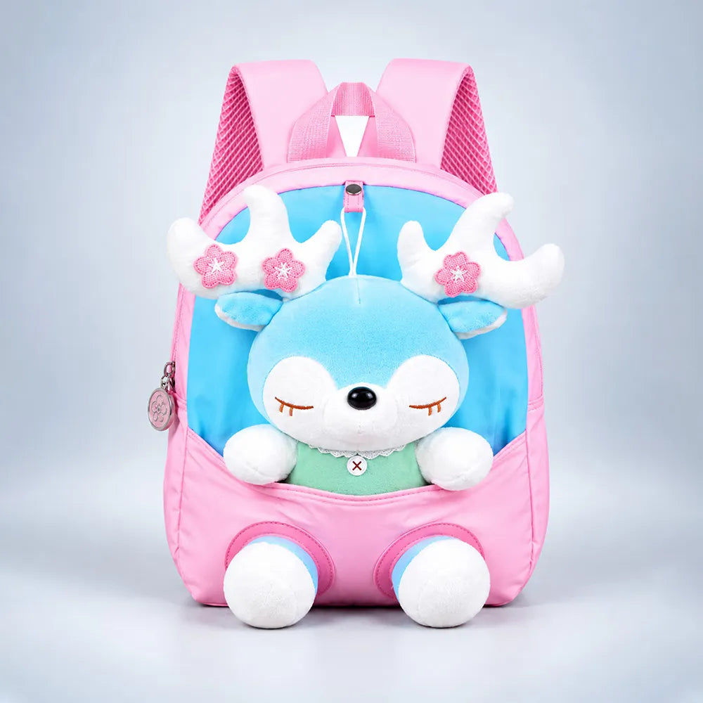 Pink & Blue Reindeer Tiny Toddlers Backpack with Removable Soft Toy for nursery and Playgroup