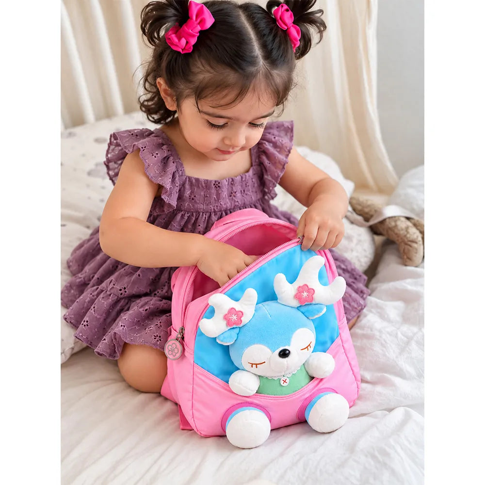 Pink & Blue Reindeer Tiny Toddlers Backpack with Removable Soft Toy for nursery and Playgroup