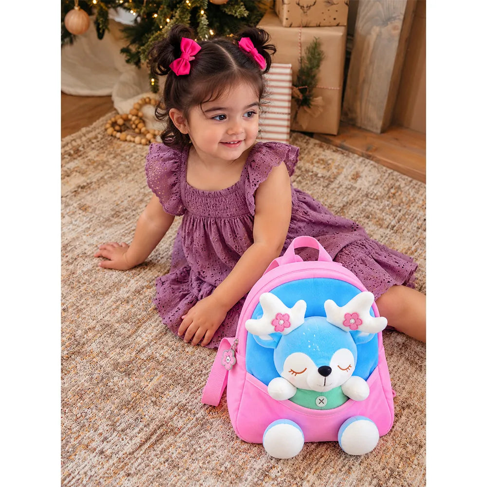 Pink & Blue Reindeer Tiny Toddlers Backpack with Removable Soft Toy for nursery and Playgroup