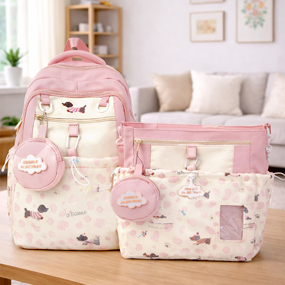 Pink Dog Print 2 Pcs Combo Set - Matching Backpack & Tote-Style Bag with Detachable Pouch for Kids & Teens