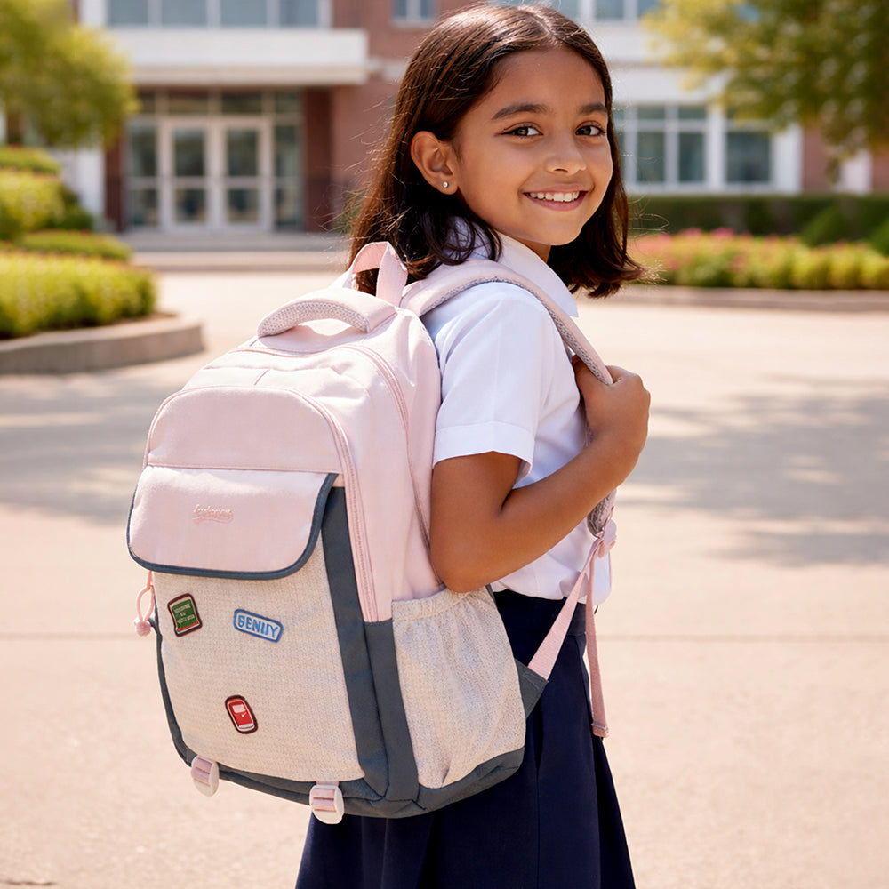 Pink & Grey Badge styled School Backpack for Kids & Teens