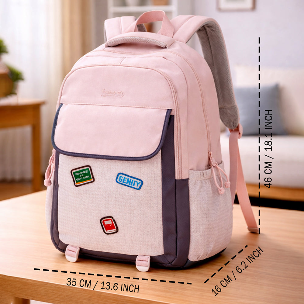 Pink & Grey Badge styled School Backpack for Kids & Teens