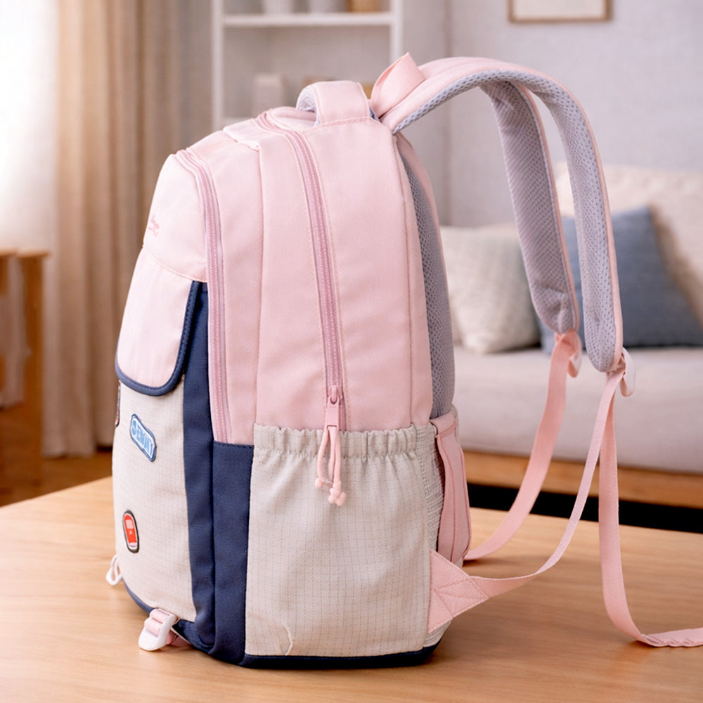 Pink & Grey Badge styled School Backpack for Kids & Teens