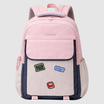 Pink & Grey Badge styled School Backpack for Kids & Teens