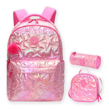 3pcs Shiny Pink Star Matching Backpack, Lunch Bag and Stationery Pouch, 8years to Adults