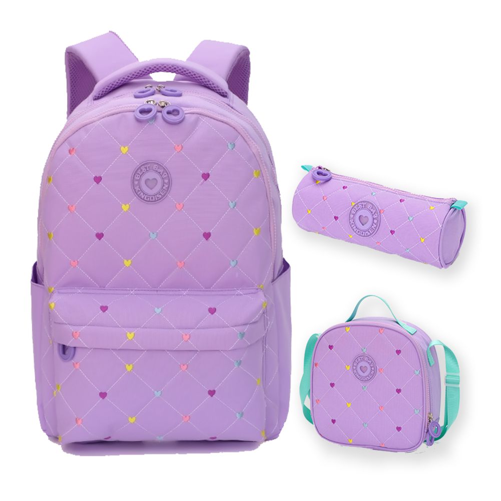 3pcs Purple Mini Heart Matching Backpack, Lunch Bag and Stationery Pouch