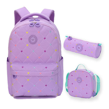 3pcs Purple Mini Heart Matching Backpack, Lunch Bag and Stationery Pouch