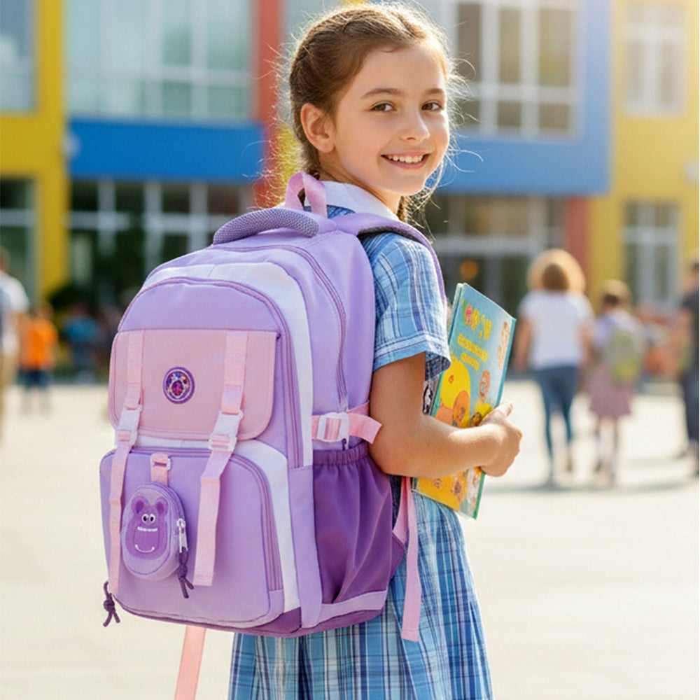 Pastel Purple & Pink Color-Block with Character Pouch School Backpack for Kids