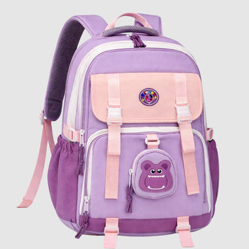 Pastel Purple & Pink Color-Block with Character Pouch School Backpack for Kids
