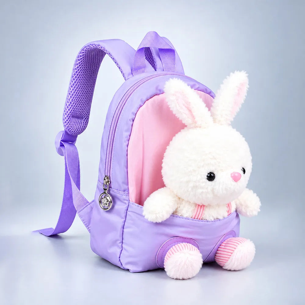 Purple & Pink Bunny Tiny Toddlers Backpack with Removable Soft Toy for nursery and Playgroup