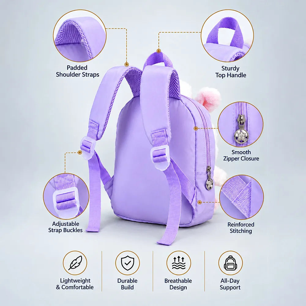 Purple & Pink Bunny Tiny Toddlers Backpack with Removable Soft Toy for nursery and Playgroup