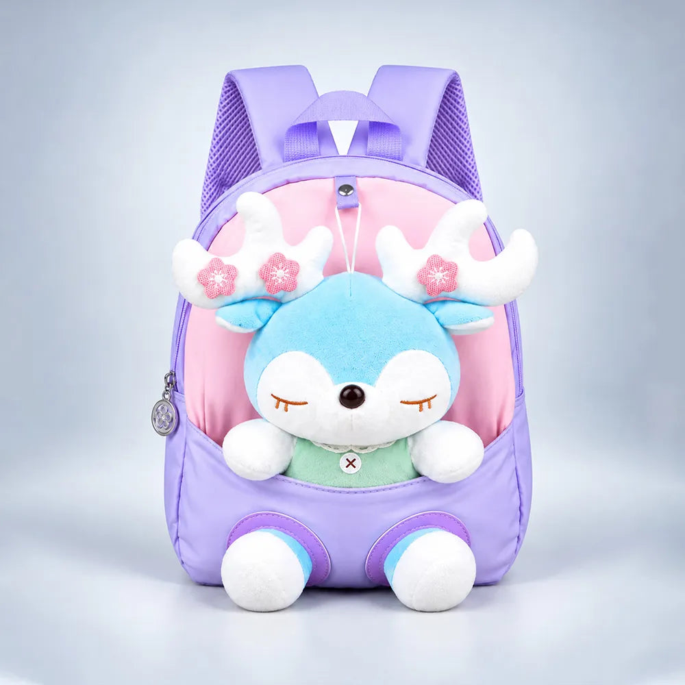 Purple & Pink Reindeer Tiny Toddlers Backpack with Removable Soft Toy for nursery and Playgroup
