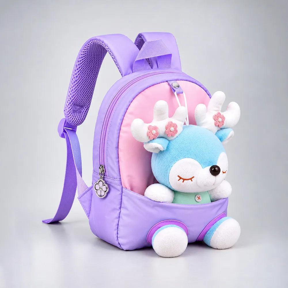 Purple & Pink Reindeer Tiny Toddlers Backpack with Removable Soft Toy for nursery and Playgroup